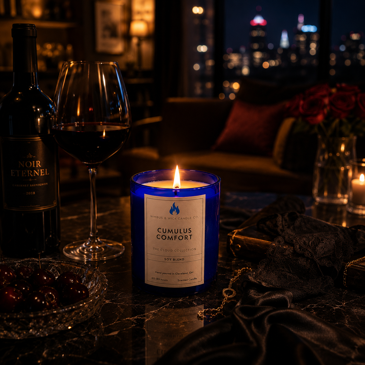 Cumulus Comfort luxury scented soy candle featuring bergamot, cinnamon, cardamom, smoked woods, and musk fragrance notes.