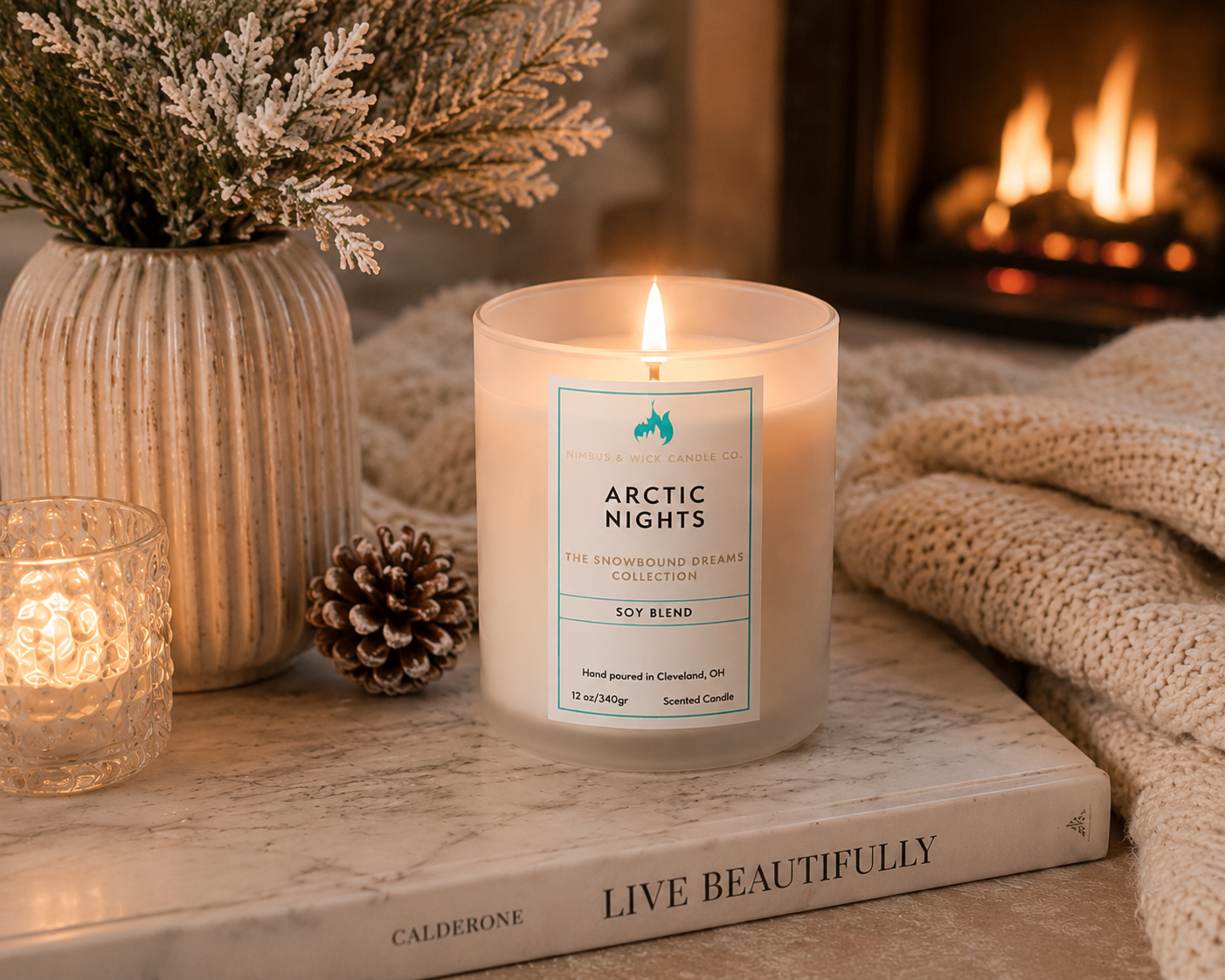 Arctic Nights hand-poured soy candle with creamy vanilla, sparkling sugar, jasmine, white orchid, sandalwood, and birch bark.