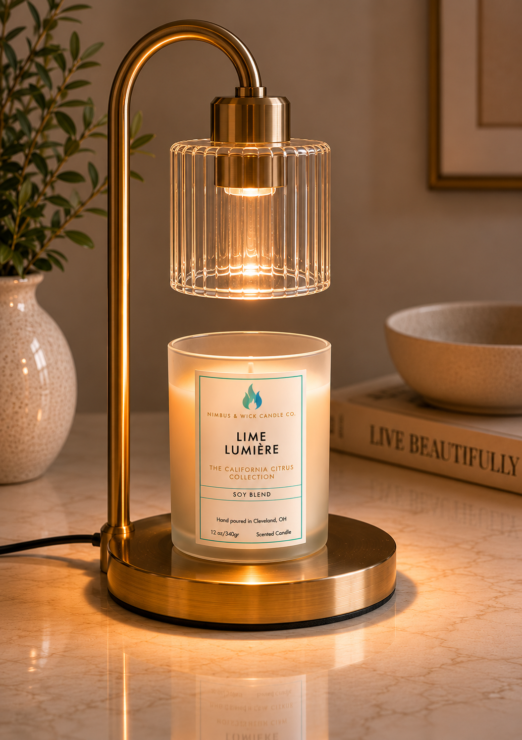 Lime Lumière luxury citrus candle featuring lime, bergamot, orange zest, rose petals, and musk fragrance notes.