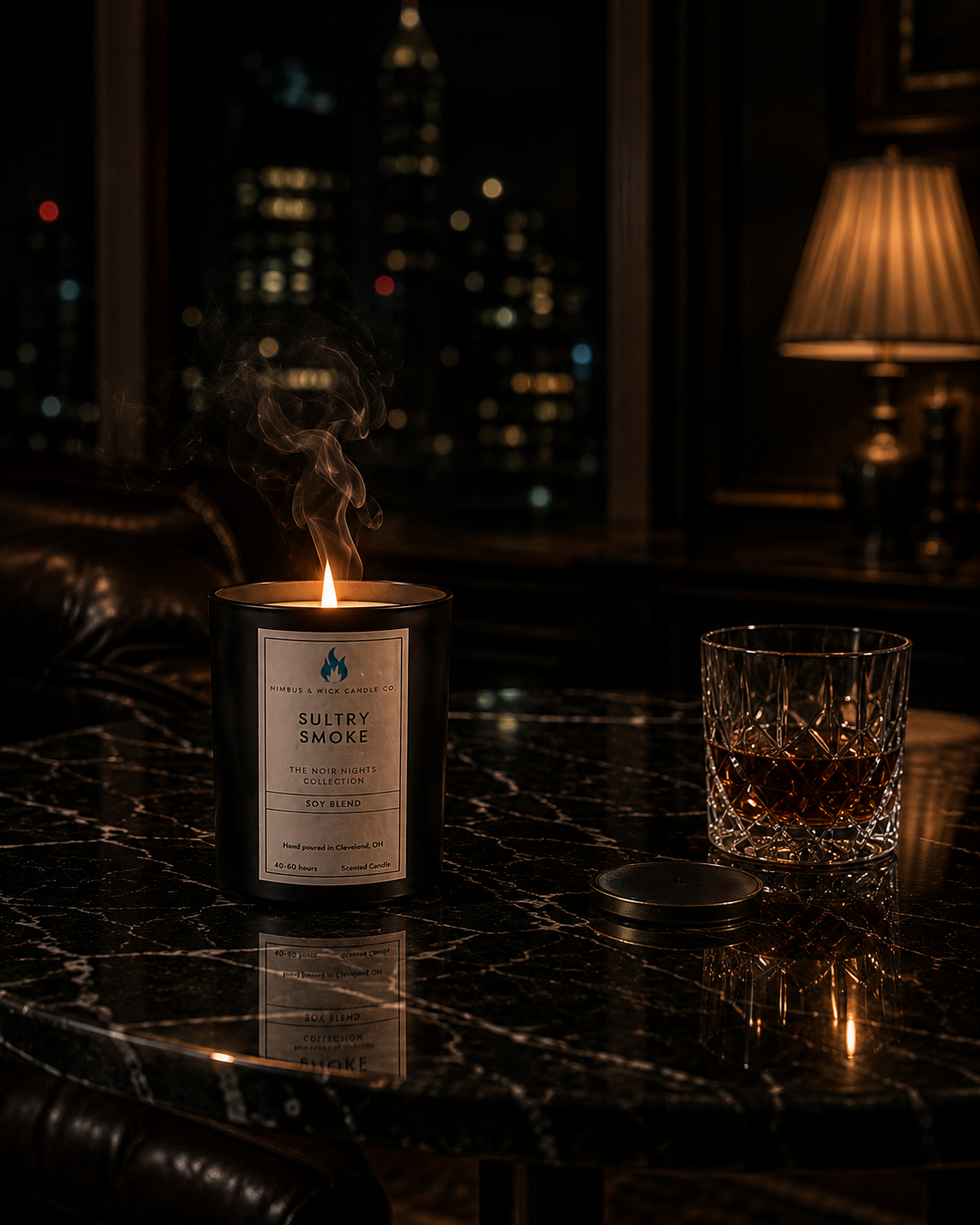 Sultry Smoke luxury candle featuring leather, tobacco leaf, bergamot, amber, rose, and lavender fragrance notes.