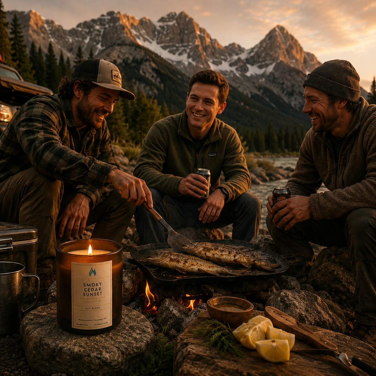 Smoky Cedar Sunset luxury candle with cedarwood, patchouli, vanilla, sage, lily of the valley, and crisp autumn fragrance notes.