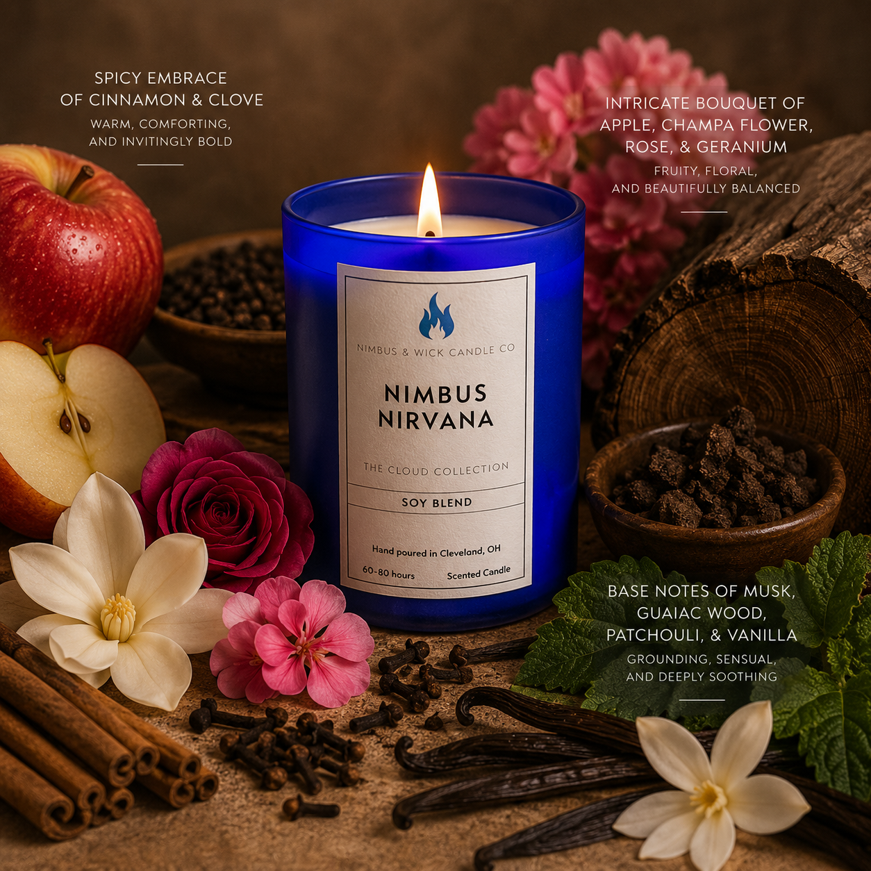 Nimbus Nirvana hand-poured soy candle with Nag Champa, apple, cinnamon, patchouli, and vanilla fragrance notes by Nimbus & Wick Candle Co.