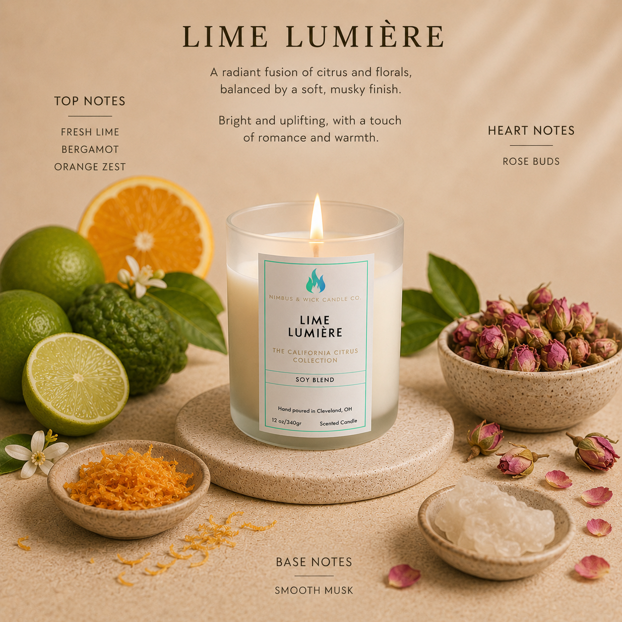 Lime Lumière luxury citrus candle featuring lime, bergamot, orange zest, rose petals, and musk fragrance notes.