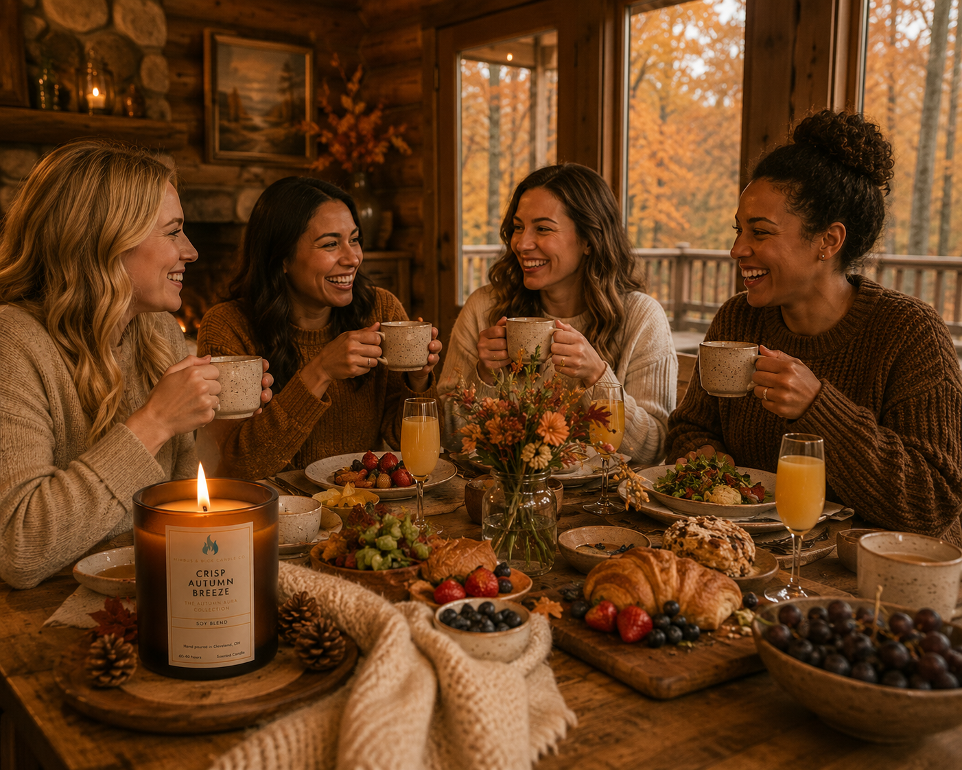 Crisp Autumn scented soy candle featuring lemon zest, orange, clove, sandalwood, amber, and charred firewood fragrance notes.