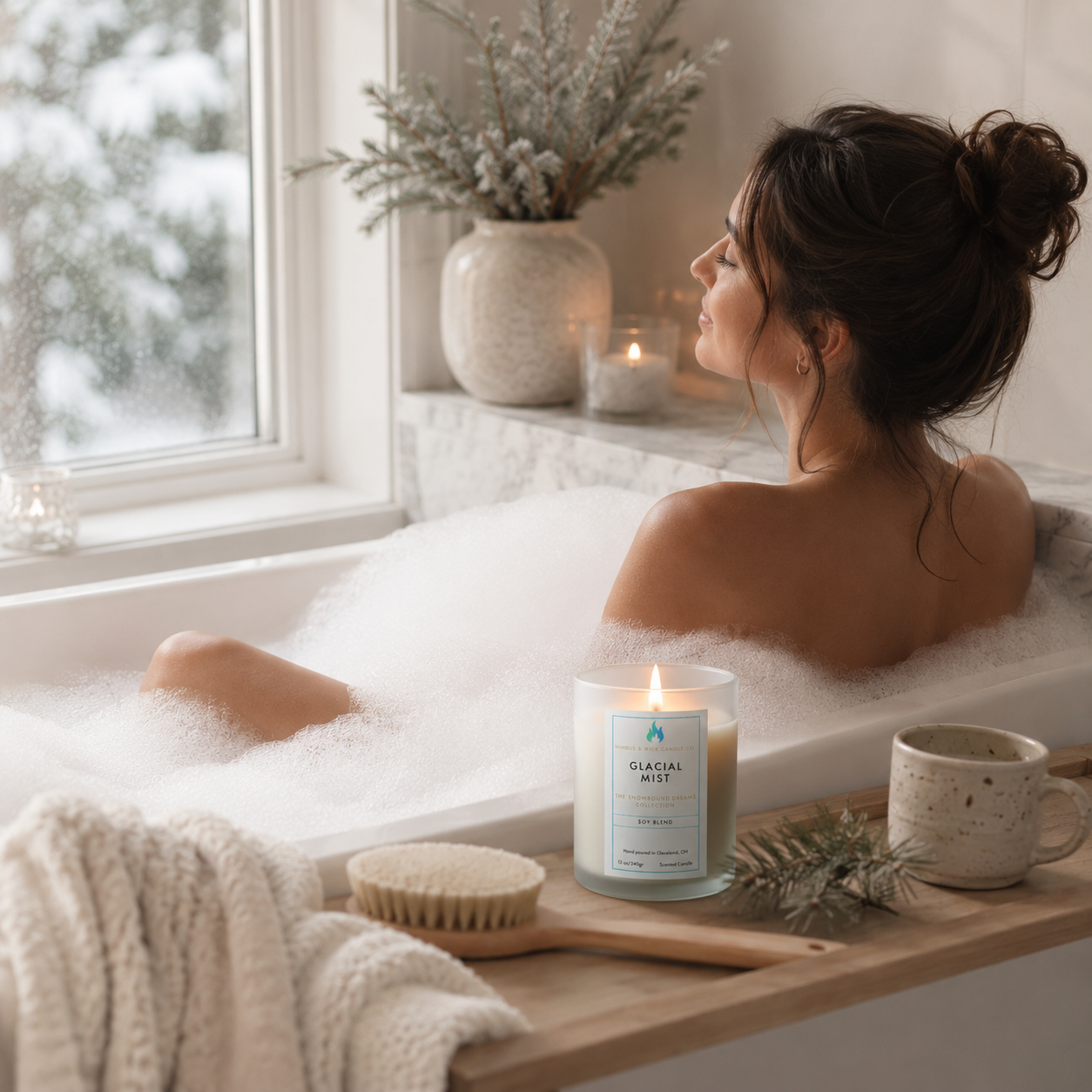 Glacial Mist winter-inspired soy candle with cranberry, red apple, evergreen, vanilla, musk, and fresh winter air fragrance notes.