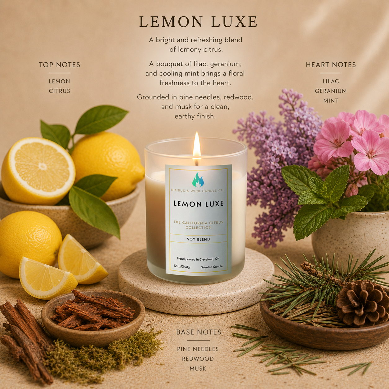 Lemon Luxe scented soy candle with fresh lemon, lilac, geranium, mint, pine needles, redwood, and musk fragrance notes.