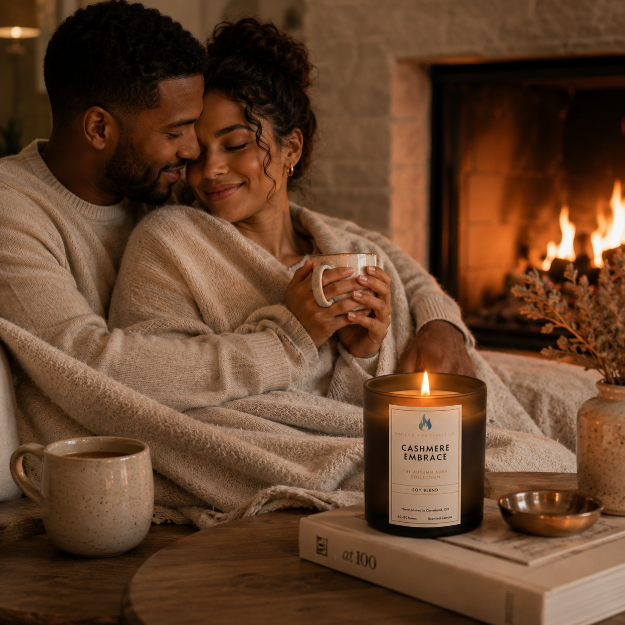 Cashmere Embrace luxury soy candle featuring creamy cashmere, coconut, vanilla, cedarwood, amber, and soft floral musk.