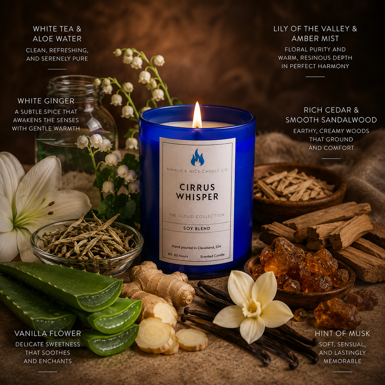 Cirrus Whisper luxury soy candle by Nimbus & Wick Candle Co. featuring white tea, aloe, vanilla flower, and sandalwood fragrance notes.