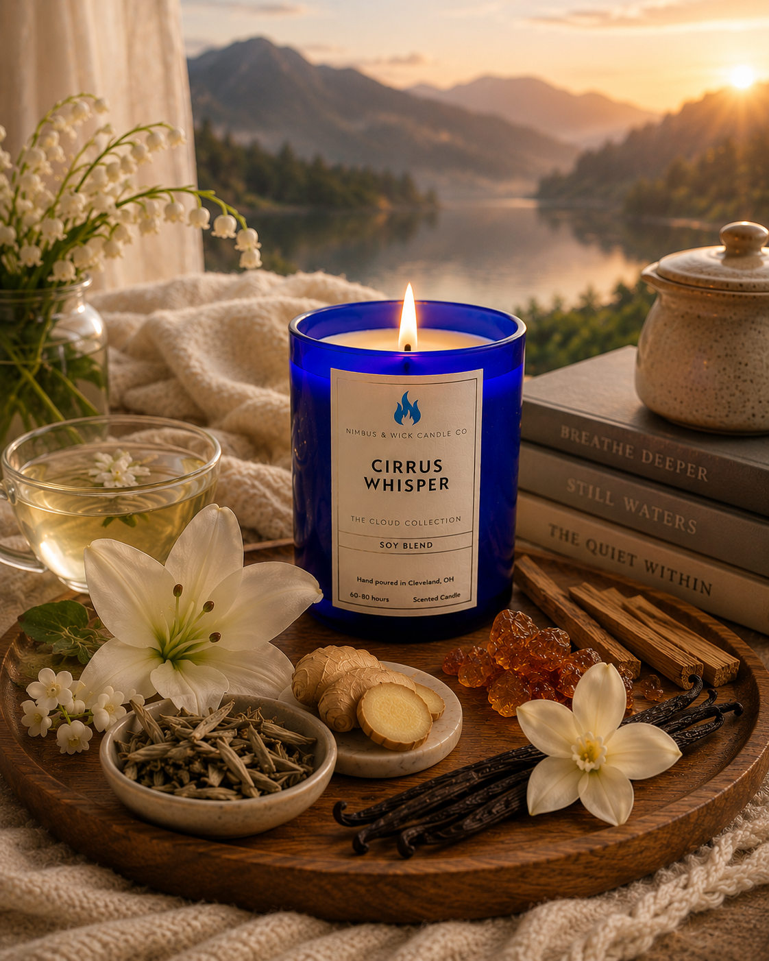 Cirrus Whisper luxury soy candle by Nimbus & Wick Candle Co. featuring white tea, aloe, vanilla flower, and sandalwood fragrance notes.