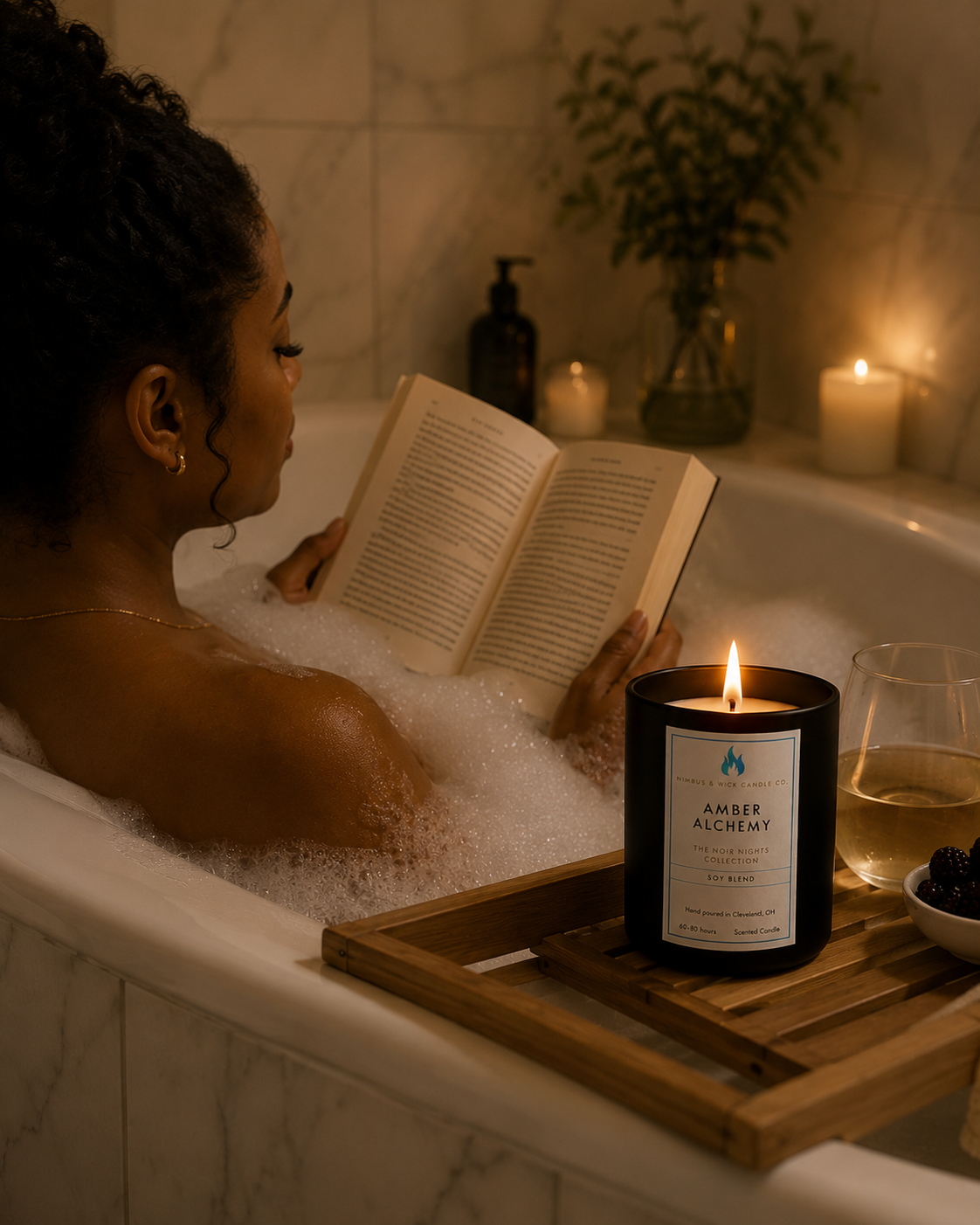 Amber Alchemy luxury soy candle featuring amber, plum, jasmine, citrus, dark musk, and cedarwood fragrance notes.