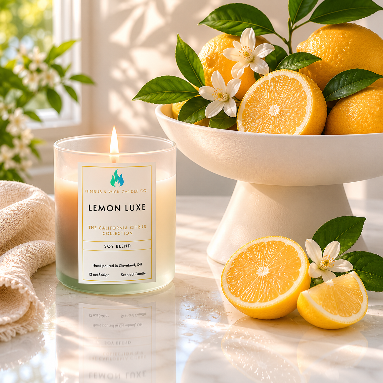 Lemon Luxe scented soy candle with fresh lemon, lilac, geranium, mint, pine needles, redwood, and musk fragrance notes.