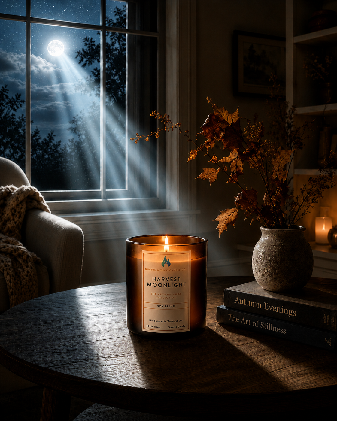 Harvest Moonlight fall-inspired soy candle featuring fresh air, berries, pine, vetiver, cedarwood, amber, and sandalwood.