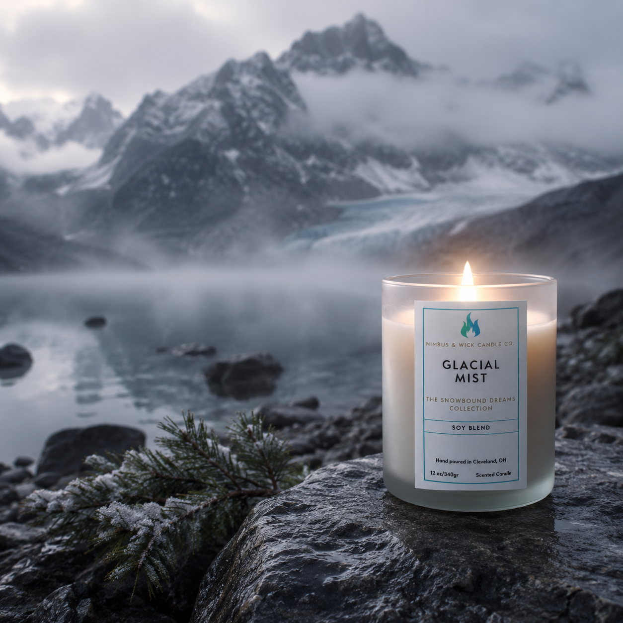 Glacial Mist winter-inspired soy candle with cranberry, red apple, evergreen, vanilla, musk, and fresh winter air fragrance notes.