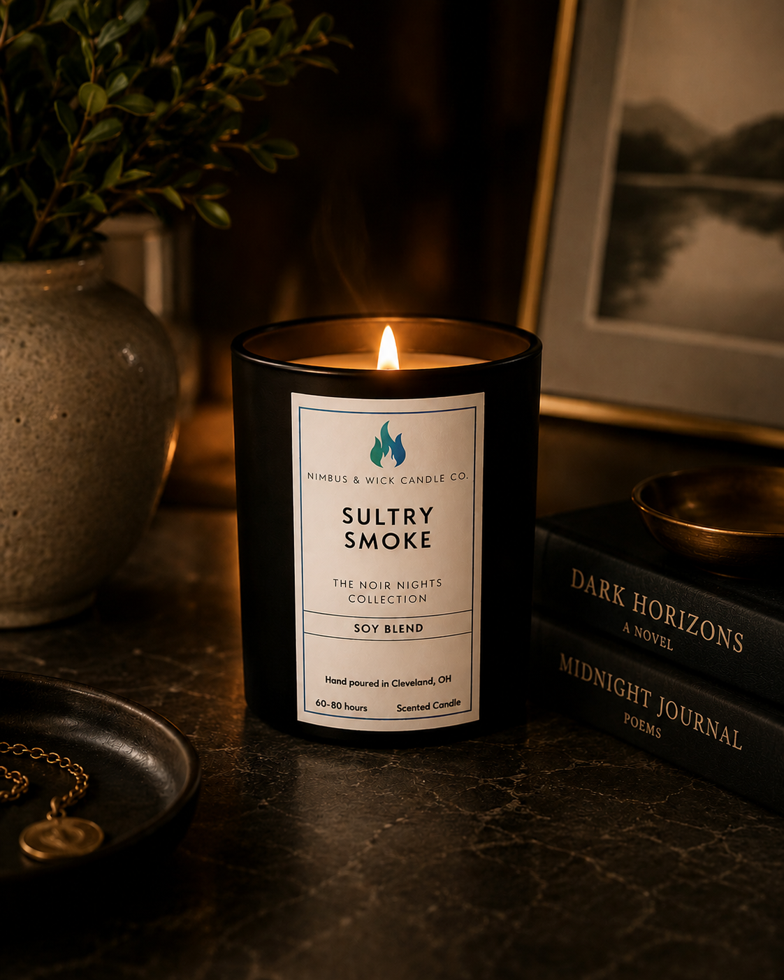 Sultry Smoke luxury candle featuring leather, tobacco leaf, bergamot, amber, rose, and lavender fragrance notes.