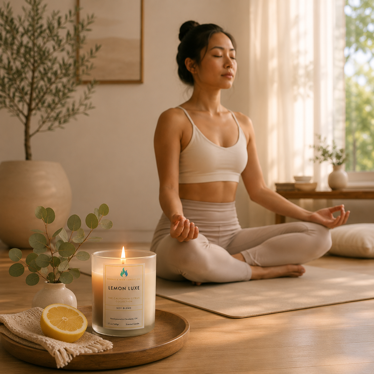 Lemon Luxe scented soy candle with fresh lemon, lilac, geranium, mint, pine needles, redwood, and musk fragrance notes.