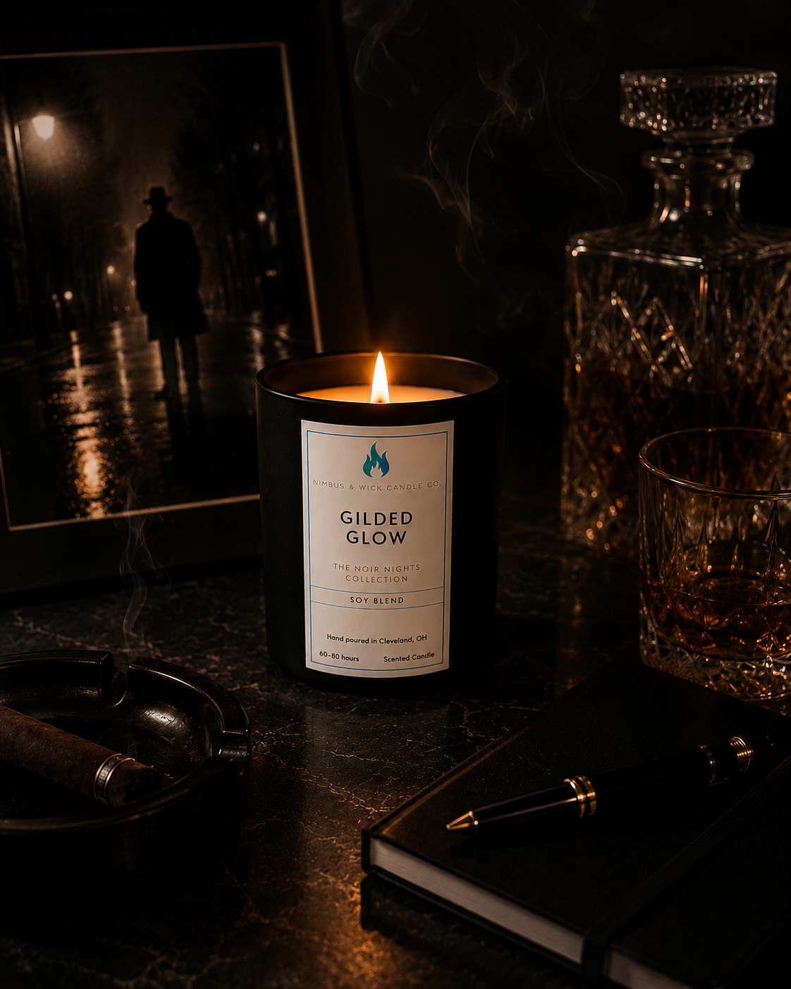 Gilded Glow hand-poured soy candle with brown sugar, butterscotch, cardamom, patchouli, and oak-inspired fragrance notes.