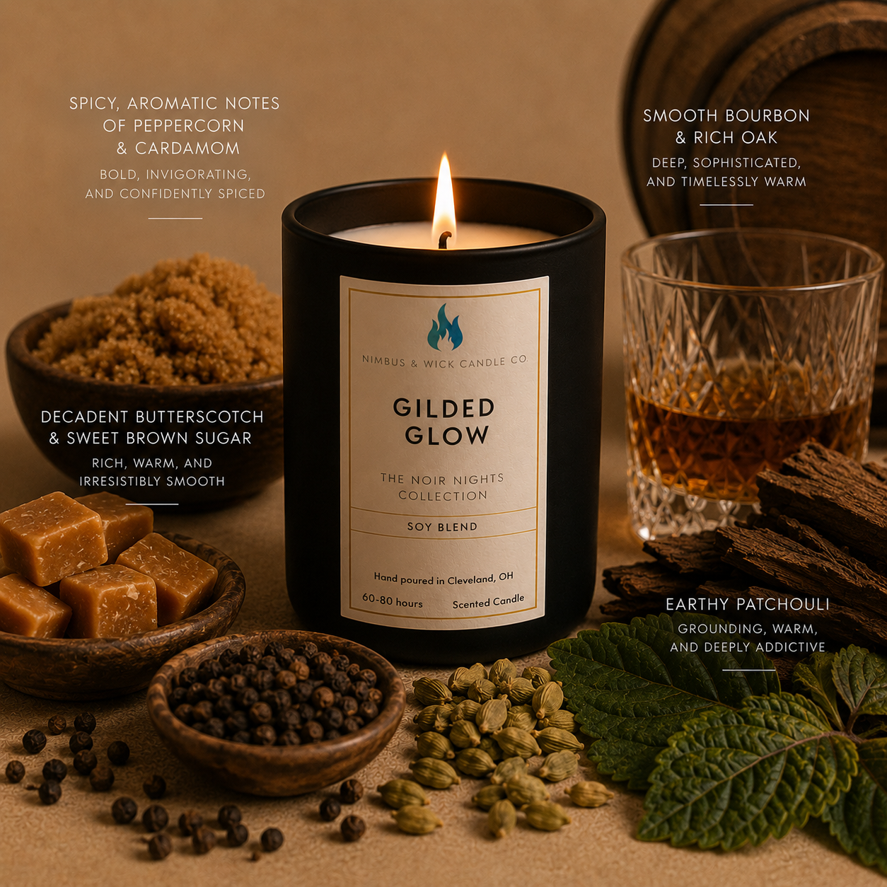Gilded Glow hand-poured soy candle with brown sugar, butterscotch, cardamom, patchouli, and oak-inspired fragrance notes.