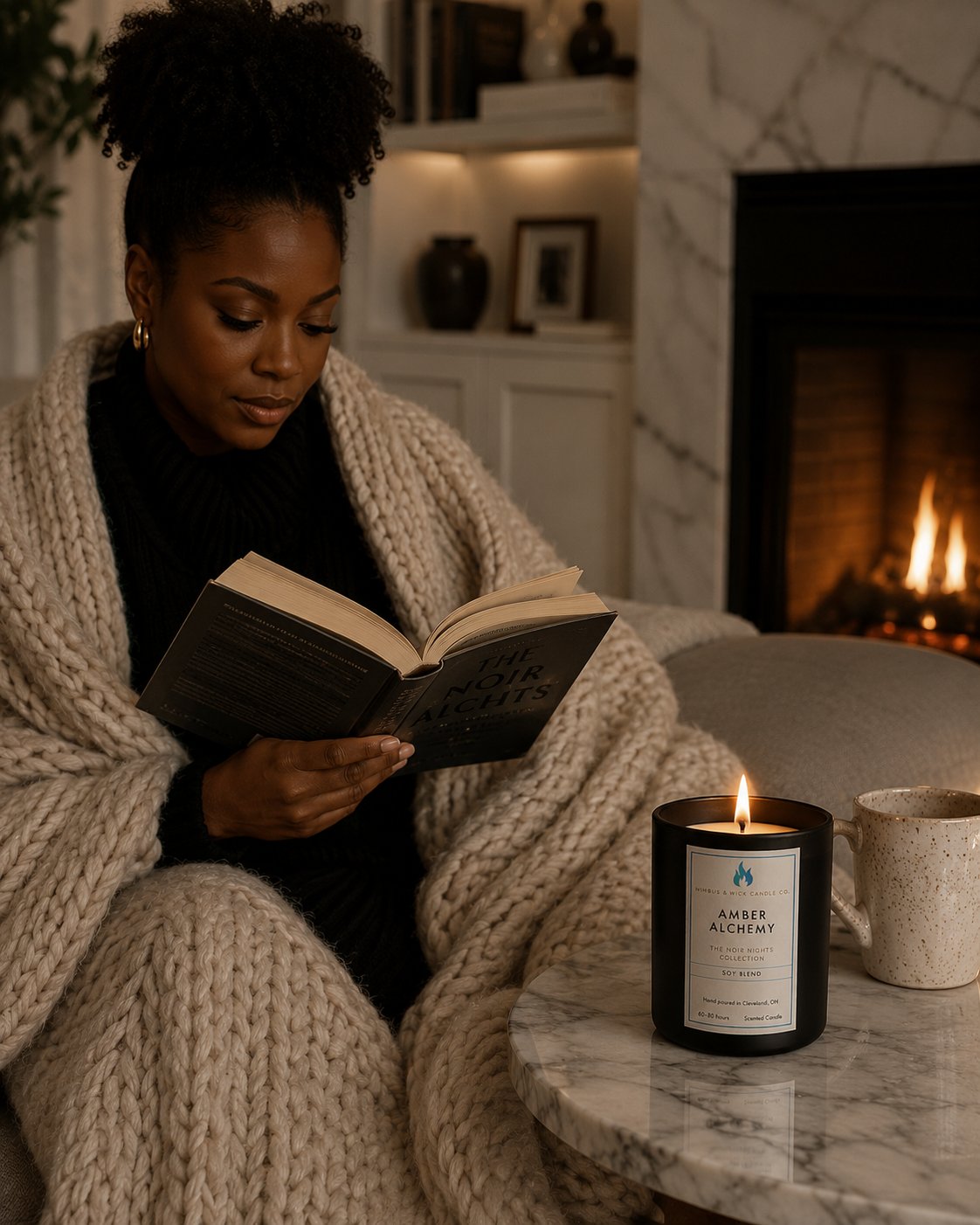 Amber Alchemy luxury soy candle featuring amber, plum, jasmine, citrus, dark musk, and cedarwood fragrance notes.