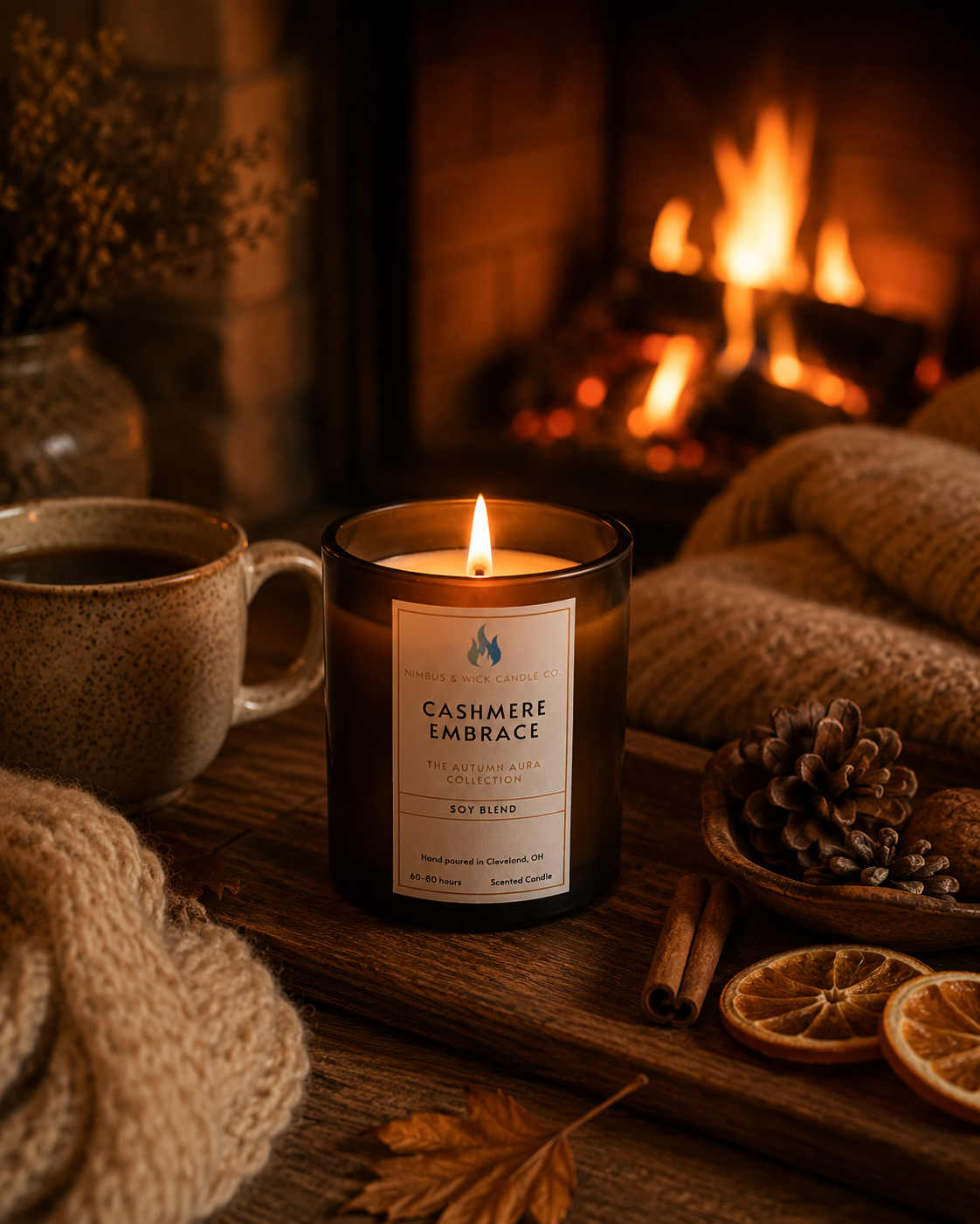 Cashmere Embrace luxury soy candle featuring creamy cashmere, coconut, vanilla, cedarwood, amber, and soft floral musk.