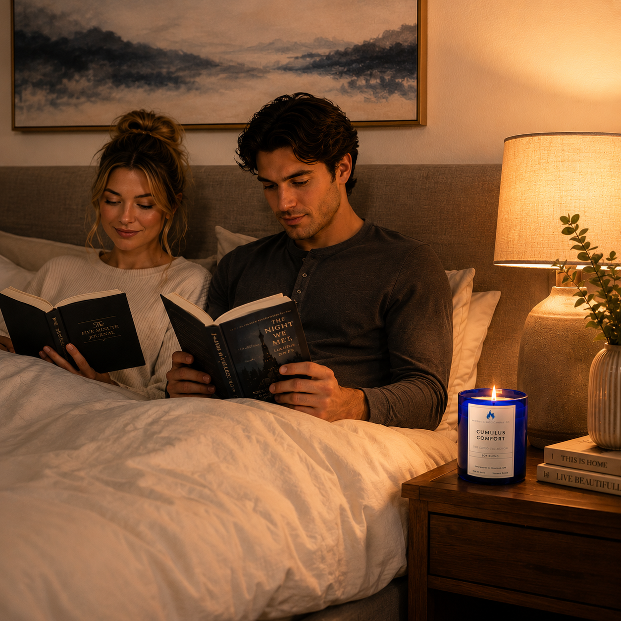 Cumulus Comfort luxury scented soy candle featuring bergamot, cinnamon, cardamom, smoked woods, and musk fragrance notes.