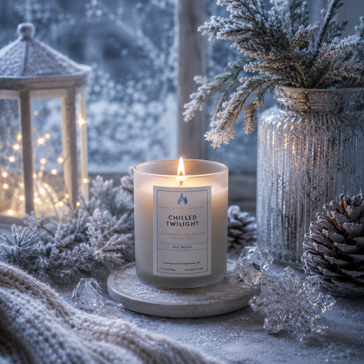 Chilled Twilight luxury scented candle featuring fresh air, spearmint, pine needles, winter berries, moss, and vanilla musk.