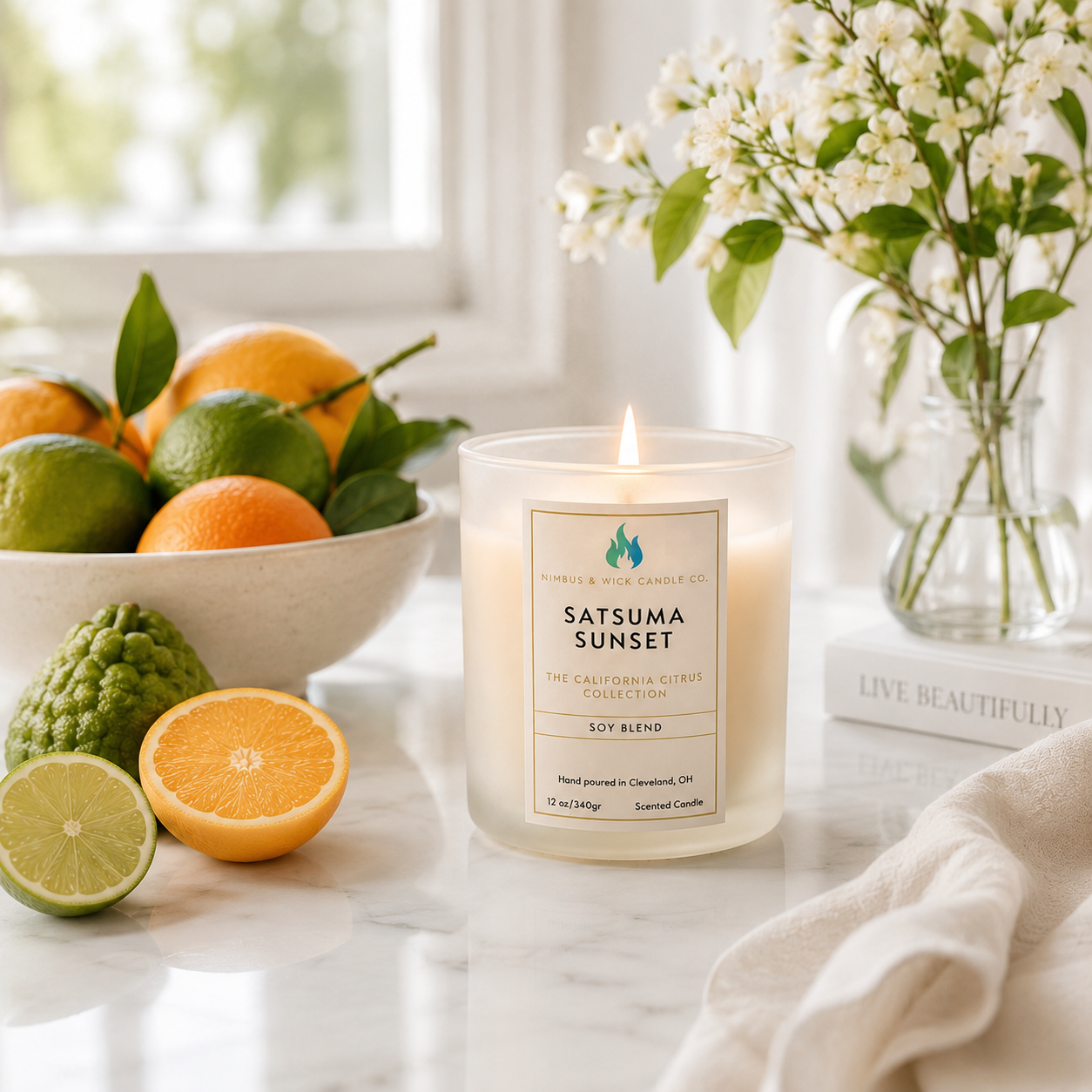Satsuma Sunset citrus soy candle featuring mandarin, grapefruit, bergamot, jasmine, berries, vanilla, and tonka fragrance notes.
