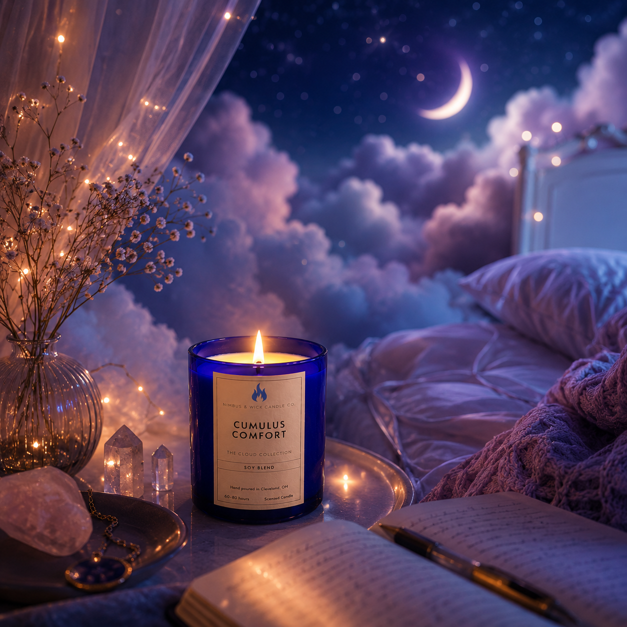 Cumulus Comfort luxury scented soy candle featuring bergamot, cinnamon, cardamom, smoked woods, and musk fragrance notes.