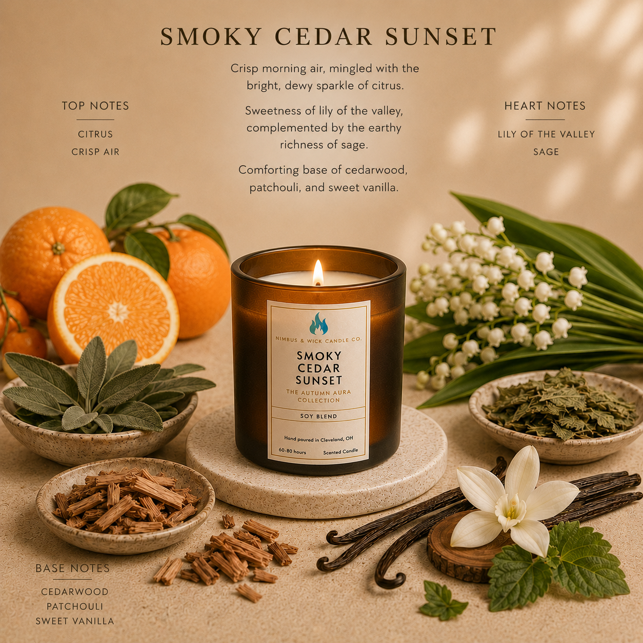 Smoky Cedar Sunset luxury candle with cedarwood, patchouli, vanilla, sage, lily of the valley, and crisp autumn fragrance notes.
