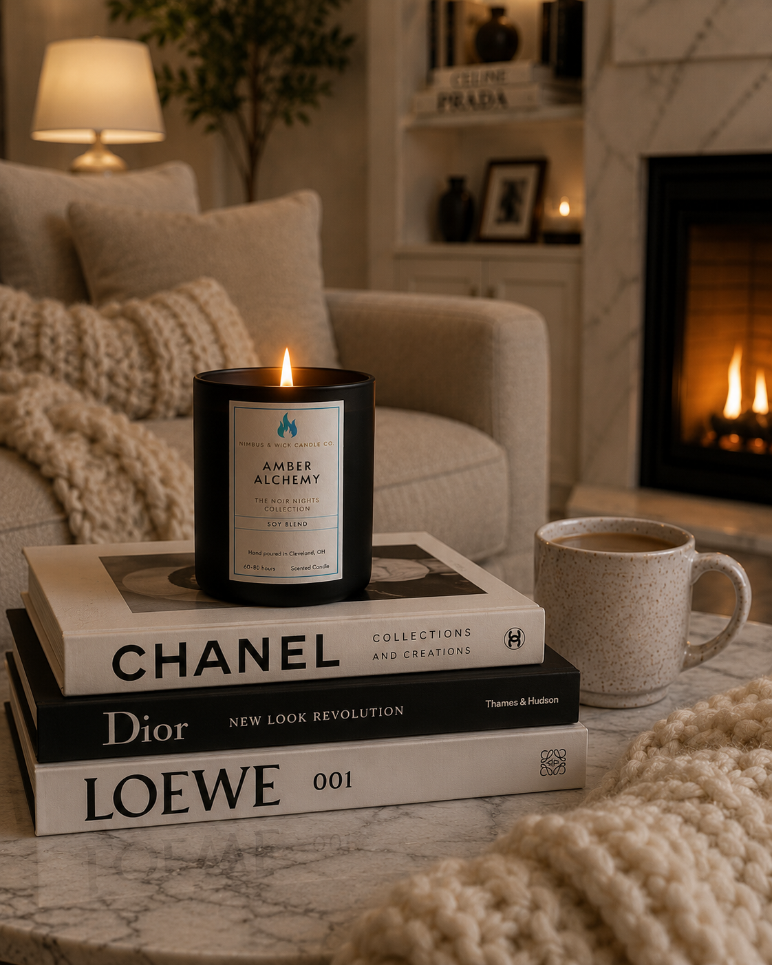 Amber Alchemy luxury soy candle featuring amber, plum, jasmine, citrus, dark musk, and cedarwood fragrance notes.