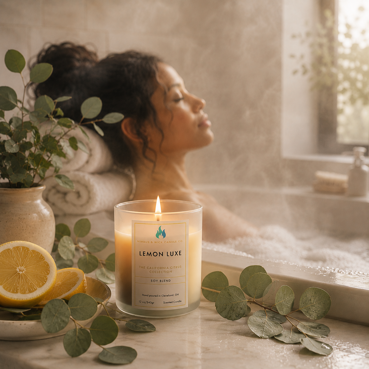 Lemon Luxe scented soy candle with fresh lemon, lilac, geranium, mint, pine needles, redwood, and musk fragrance notes.