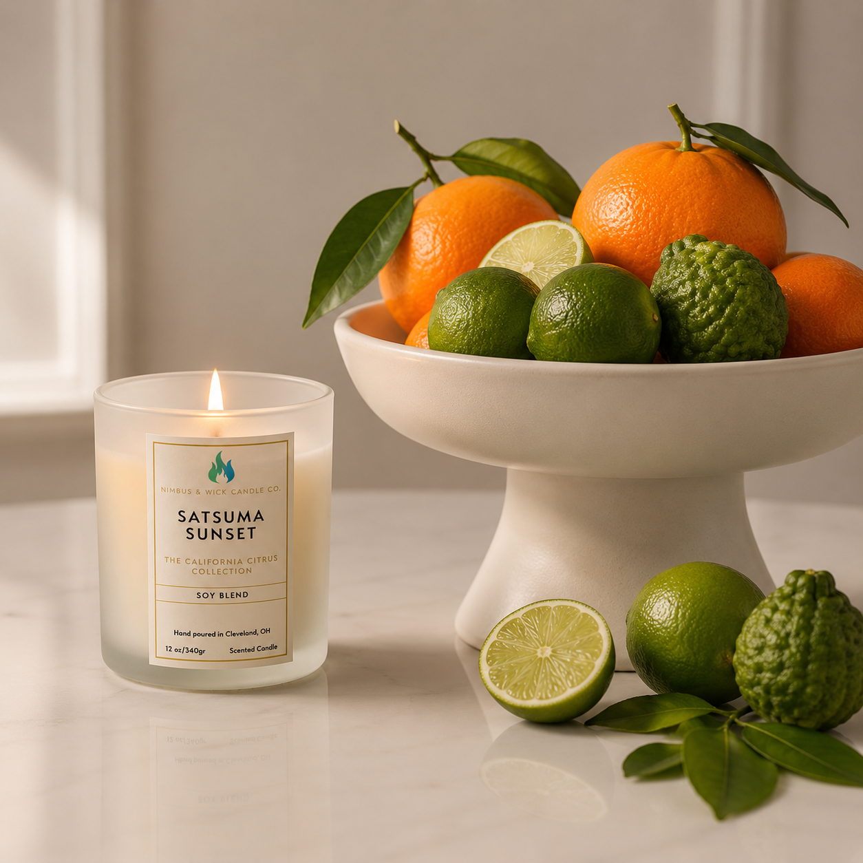 Satsuma Sunset citrus soy candle featuring mandarin, grapefruit, bergamot, jasmine, berries, vanilla, and tonka fragrance notes.