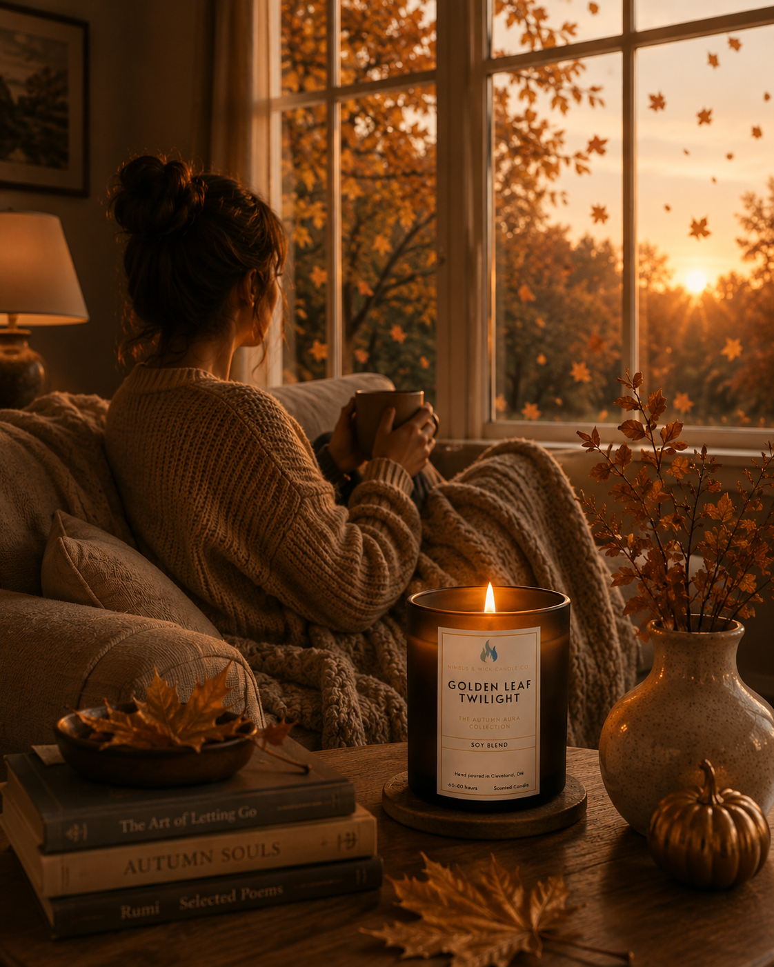 Golden Leaf Twilight fall candle with crisp apple, maple, cinnamon, clove, vanilla bean, and golden amber fragrance notes.