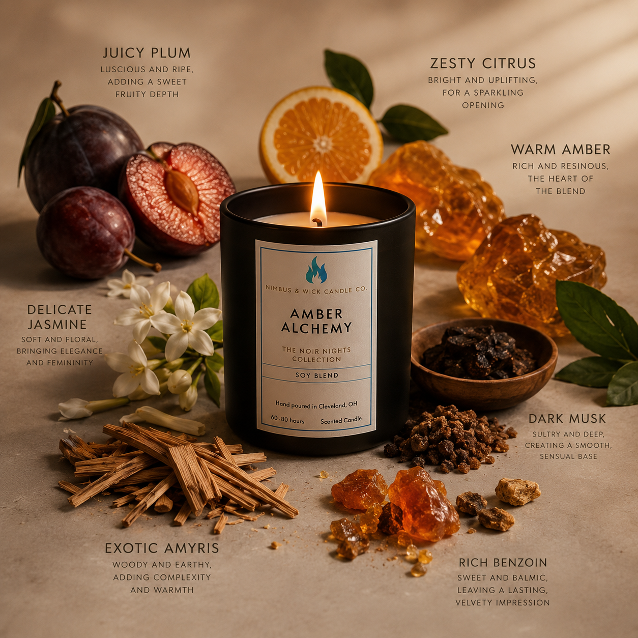 Amber Alchemy luxury soy candle featuring amber, plum, jasmine, citrus, dark musk, and cedarwood fragrance notes.