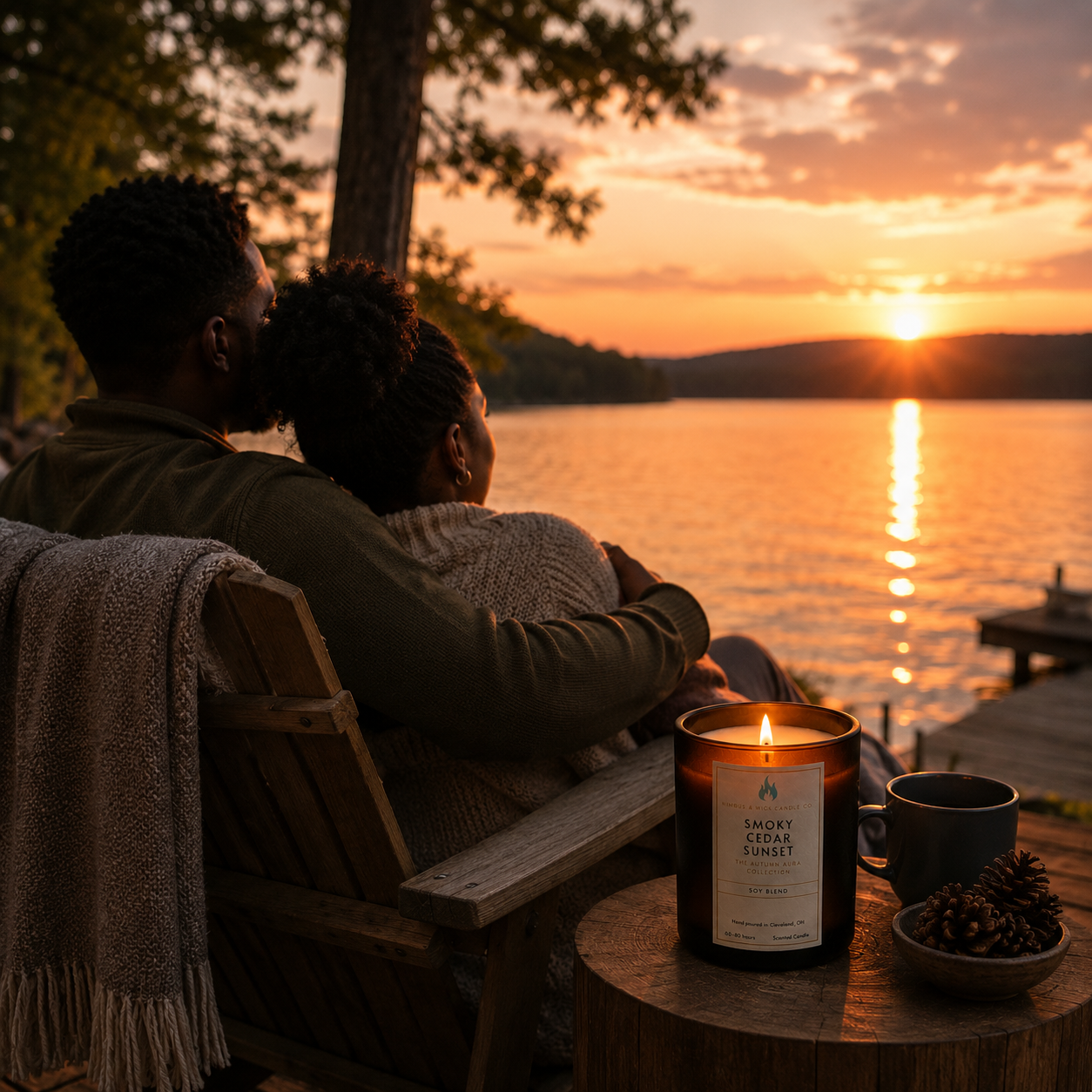 Smoky Cedar Sunset luxury candle with cedarwood, patchouli, vanilla, sage, lily of the valley, and crisp autumn fragrance notes.