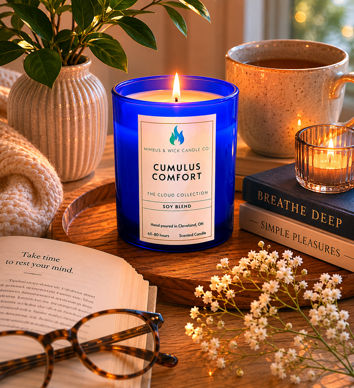Cumulus Comfort luxury scented soy candle featuring bergamot, cinnamon, cardamom, smoked woods, and musk fragrance notes.