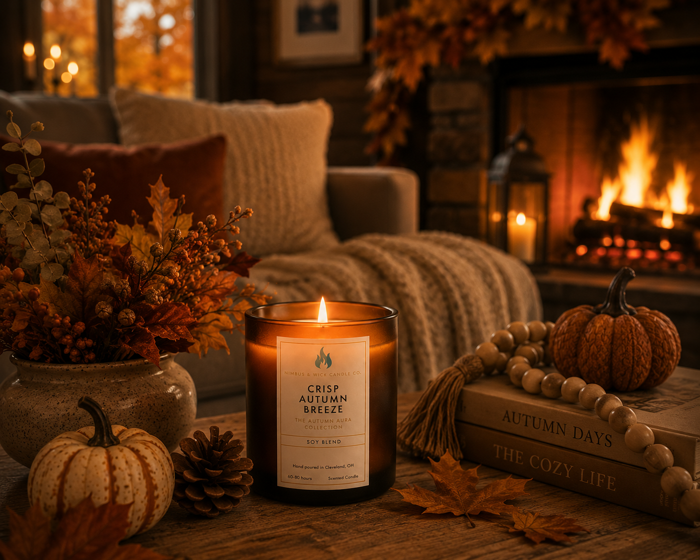Crisp Autumn scented soy candle featuring lemon zest, orange, clove, sandalwood, amber, and charred firewood fragrance notes.