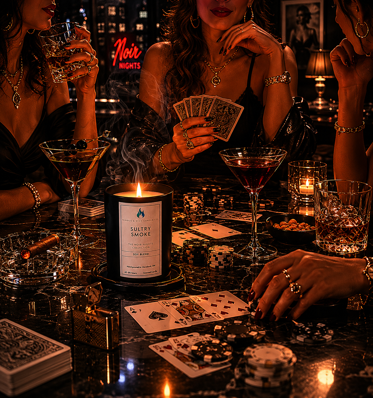 Sultry Smoke luxury candle featuring leather, tobacco leaf, bergamot, amber, rose, and lavender fragrance notes.