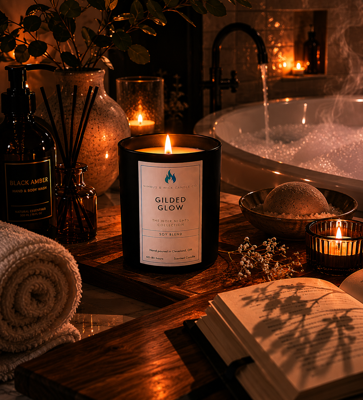 Gilded Glow hand-poured soy candle with brown sugar, butterscotch, cardamom, patchouli, and oak-inspired fragrance notes.