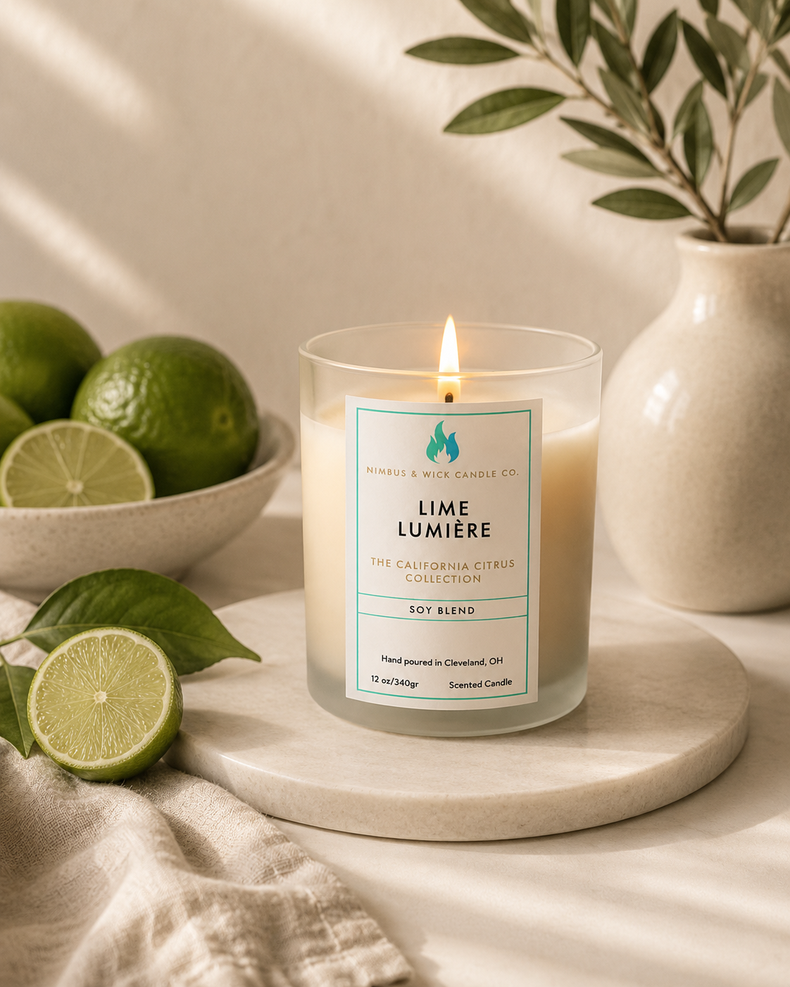 Lime Lumière luxury citrus candle featuring lime, bergamot, orange zest, rose petals, and musk fragrance notes.
