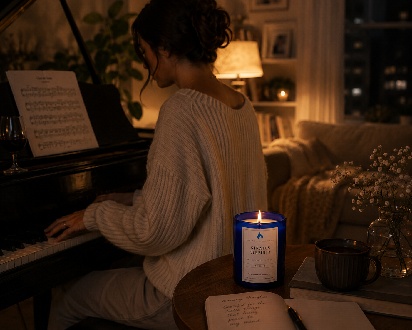 Stratus Serenity premium soy candle with warm woods, spices, and calming fragrance notes from Nimbus & Wick Candle Co.