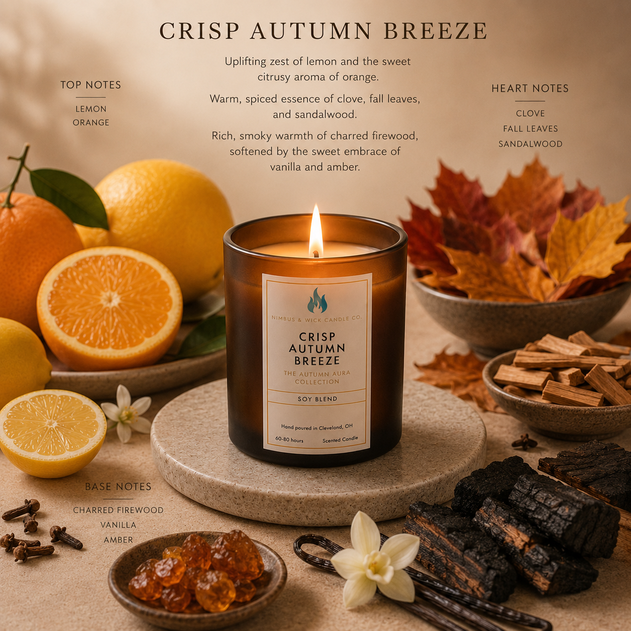 Crisp Autumn scented soy candle featuring lemon zest, orange, clove, sandalwood, amber, and charred firewood fragrance notes.