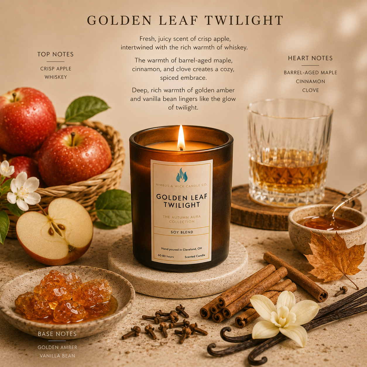 Golden Leaf Twilight fall candle with crisp apple, maple, cinnamon, clove, vanilla bean, and golden amber fragrance notes.