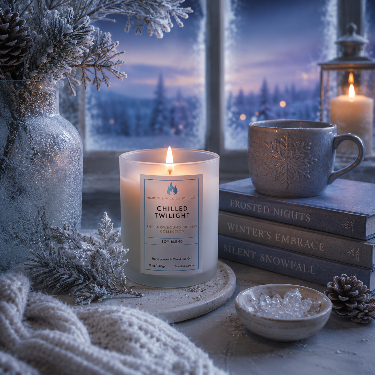 Chilled Twilight luxury scented candle featuring fresh air, spearmint, pine needles, winter berries, moss, and vanilla musk.