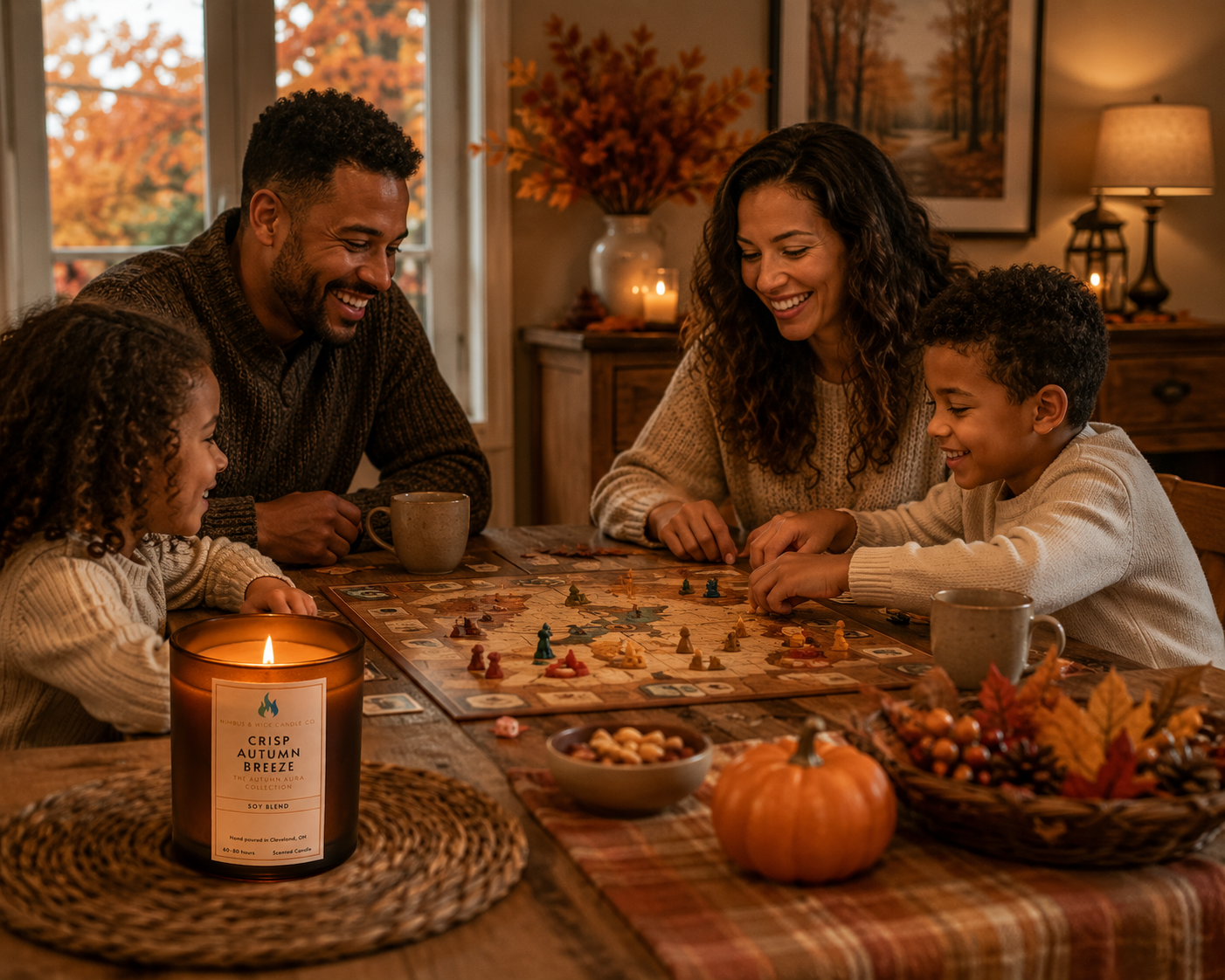 Crisp Autumn scented soy candle featuring lemon zest, orange, clove, sandalwood, amber, and charred firewood fragrance notes.