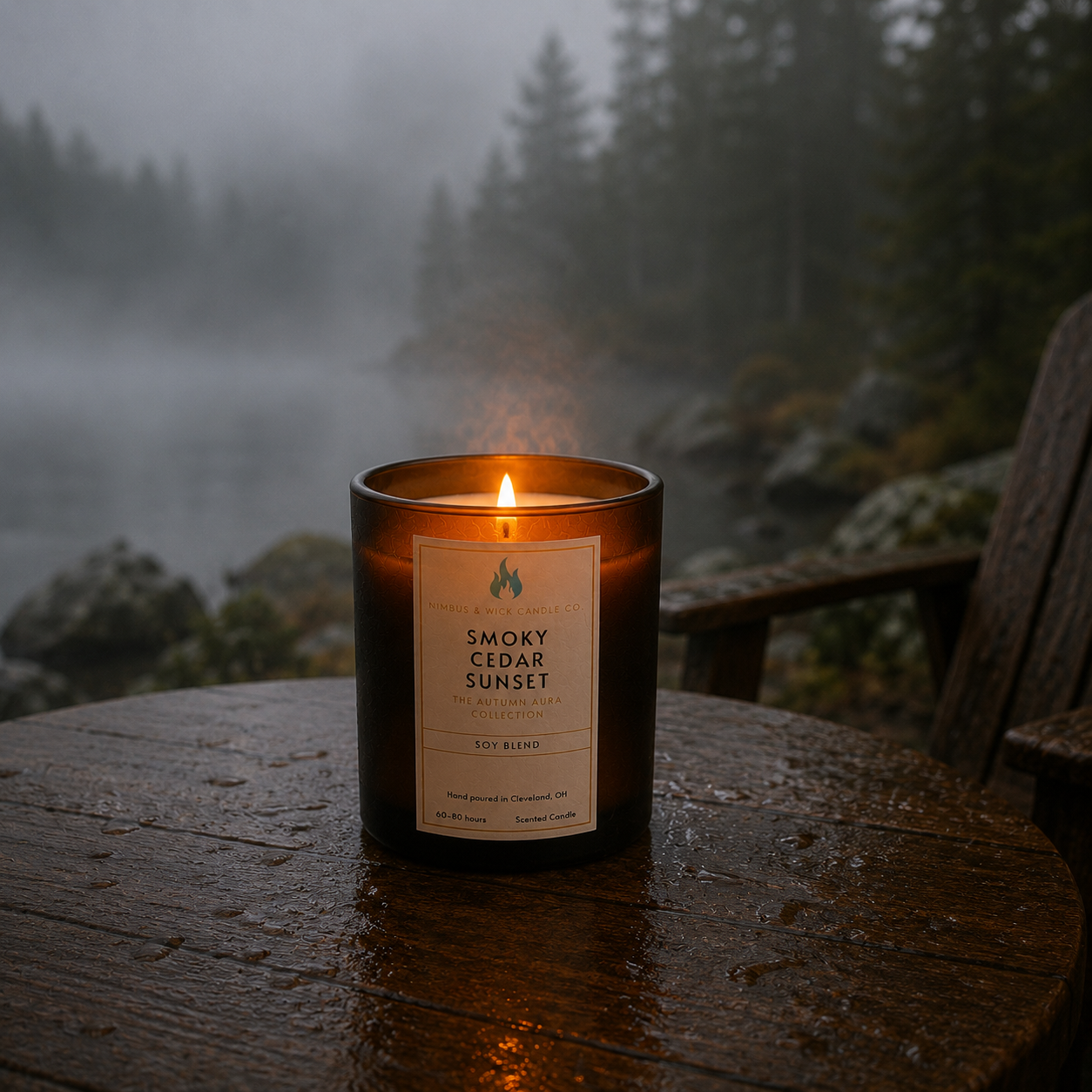 Smoky Cedar Sunset luxury candle with cedarwood, patchouli, vanilla, sage, lily of the valley, and crisp autumn fragrance notes.