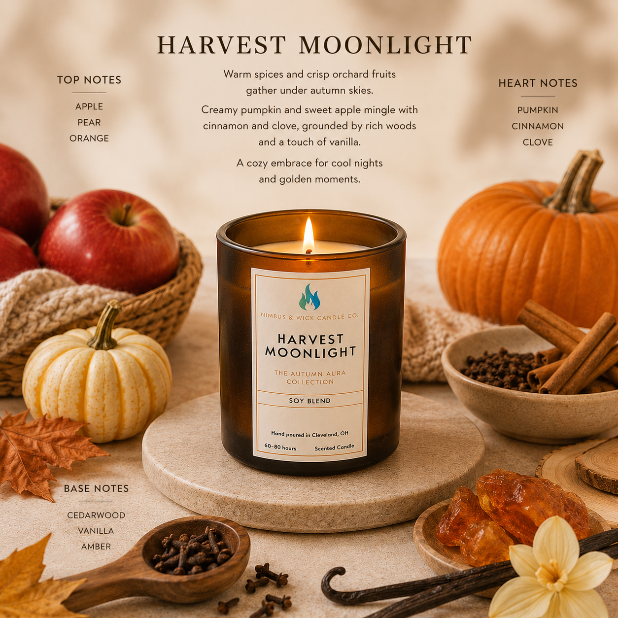 Harvest Moonlight fall-inspired soy candle featuring fresh air, berries, pine, vetiver, cedarwood, amber, and sandalwood.