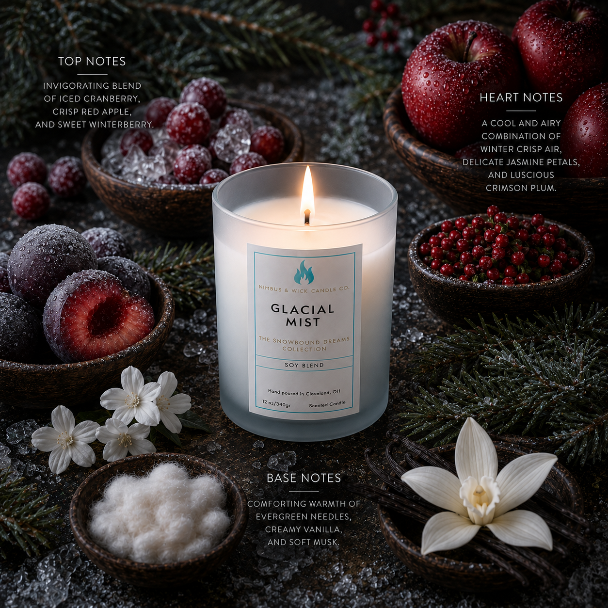 Glacial Mist winter-inspired soy candle with cranberry, red apple, evergreen, vanilla, musk, and fresh winter air fragrance notes.