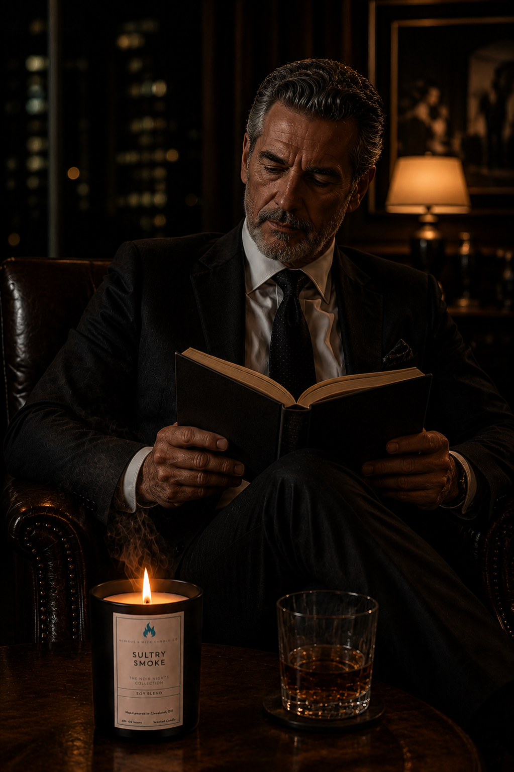 Sultry Smoke luxury candle featuring leather, tobacco leaf, bergamot, amber, rose, and lavender fragrance notes.