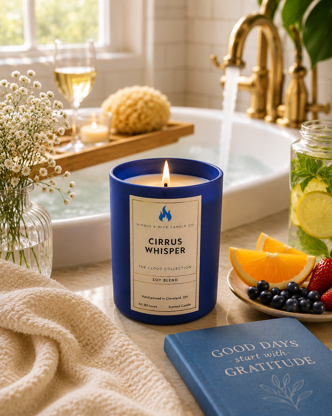 Cirrus Whisper luxury soy candle by Nimbus & Wick Candle Co. featuring white tea, aloe, vanilla flower, and sandalwood fragrance notes.