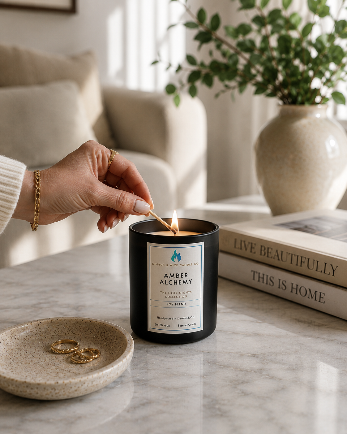 Amber Alchemy luxury soy candle featuring amber, plum, jasmine, citrus, dark musk, and cedarwood fragrance notes.